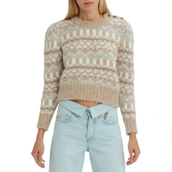💕LOVESHACKFANCY💕 Cropped Fair Isle Sweater ~ Alpaca Wool Blend Tan Print Small - Picture 3 of 15